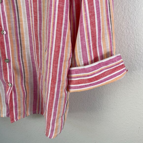 Chicos Womens 16 Pink Orange Striped 100% Linen Button Up Shirt Long Sleeve Top - Picture 10 of 12